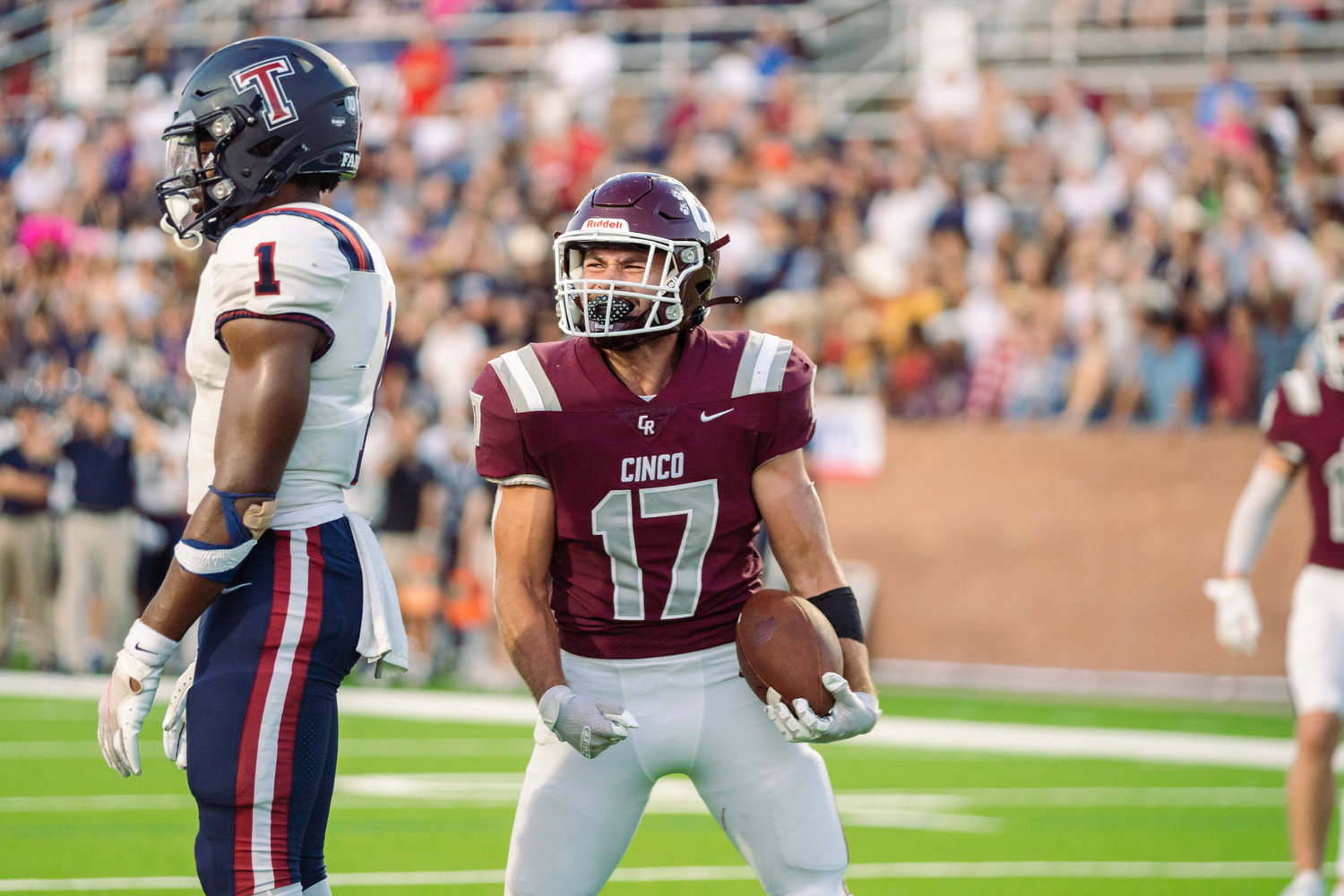 Cinco Ranch’s Eric Eckstrom celebrates after a play during Friday’s game between Cinco Ranch and Tompkins at Rhodes Stadium.
